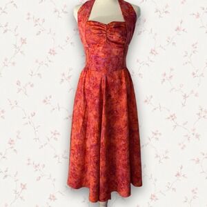 The Pyramid Collection Y2K Floral Halter Midi Dress Pink Orange Smocked Size M